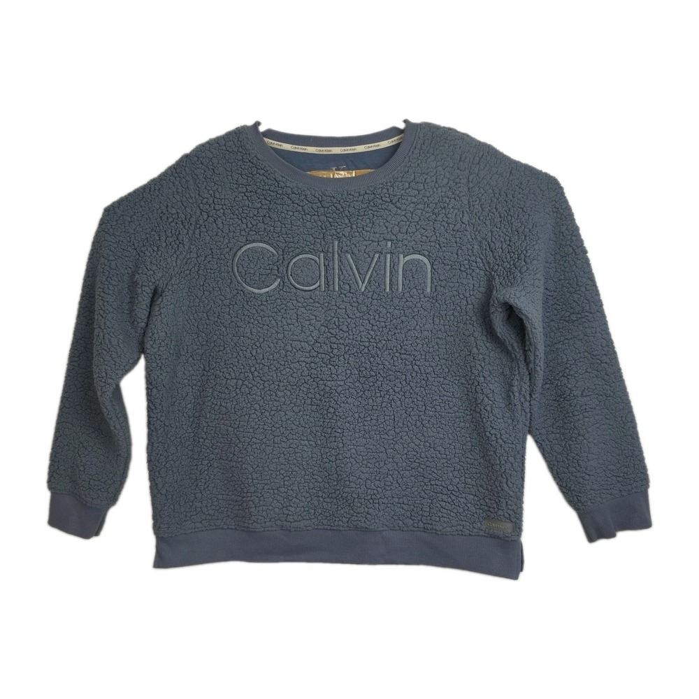 Calvin Klein Teddy Bear Fleece Sweatshirt Women's M Blue Embroidered Logo